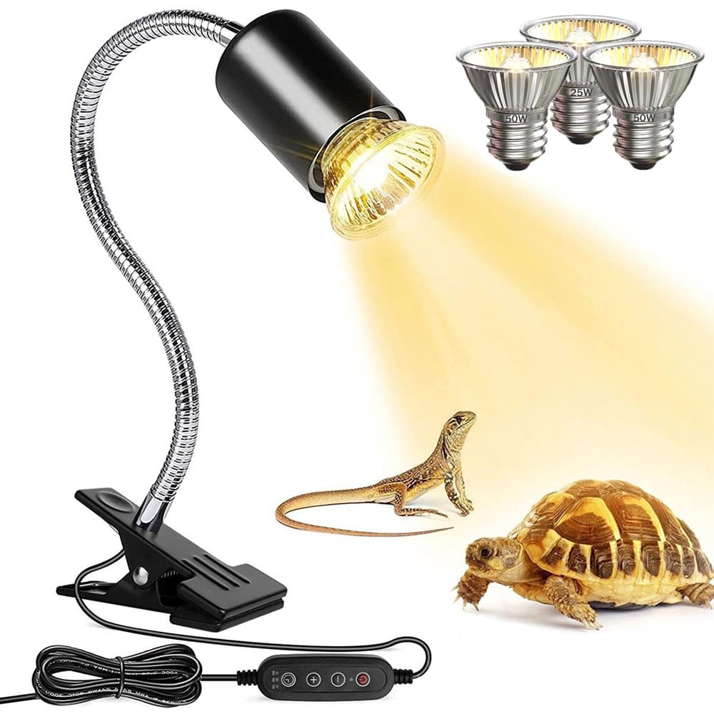 MouMouPurr Reptile Heat Lamp with Timer, 3-Pack Reptile UVA+UVB E27 Basking Light Set: 2x50W + 1x25W Bulbs, 360° Rotatable Clip Lamp for Turtle, Snake, Lizard, Chameleon, E27 Habitat Lighting