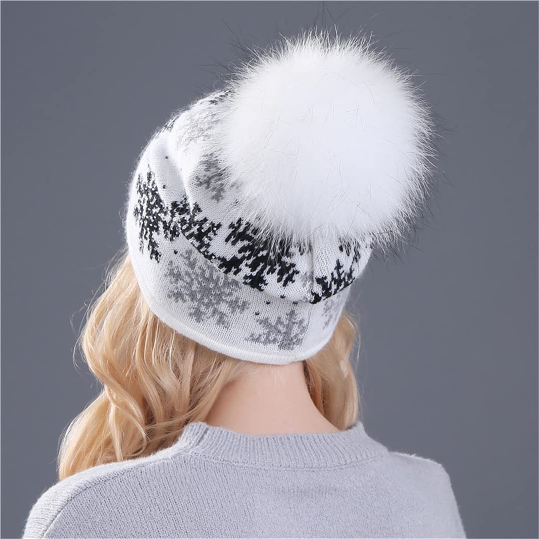 KMMBBTY Gorro de Lana de Piel de Conejo con Pompones de visón Skullies Gorros Gorro de Nieve de Navidad de Invierno