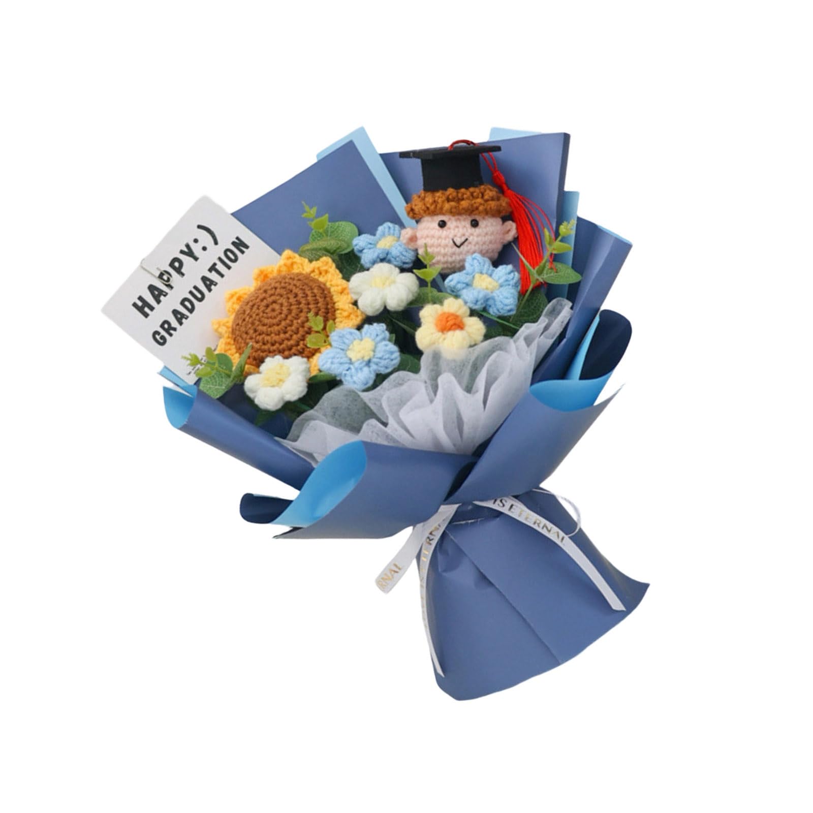 Tsophreniq Crochet Graduation Bouquets Oranges Blue Color Knitted Flower Blossomy Girls Boys 25x35cm User Friendly Wool Bouquets