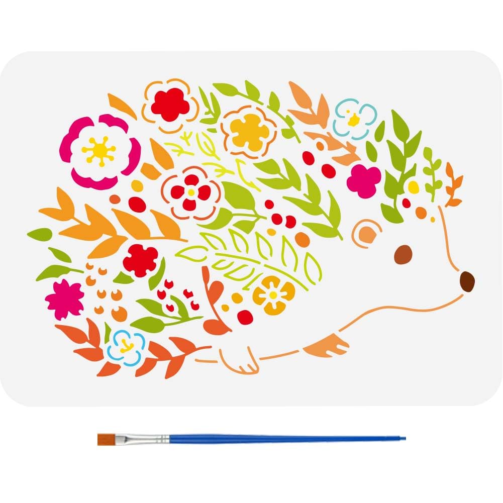 FINGERINSPIRE Hedgehog and Flowers Stencil for Painting 21x29.7cm with Paint Brush Decorative Hedgehog Pattern Template Plastic PET Flower Leaves Stencil Animal Theme Template for DIY Crafts