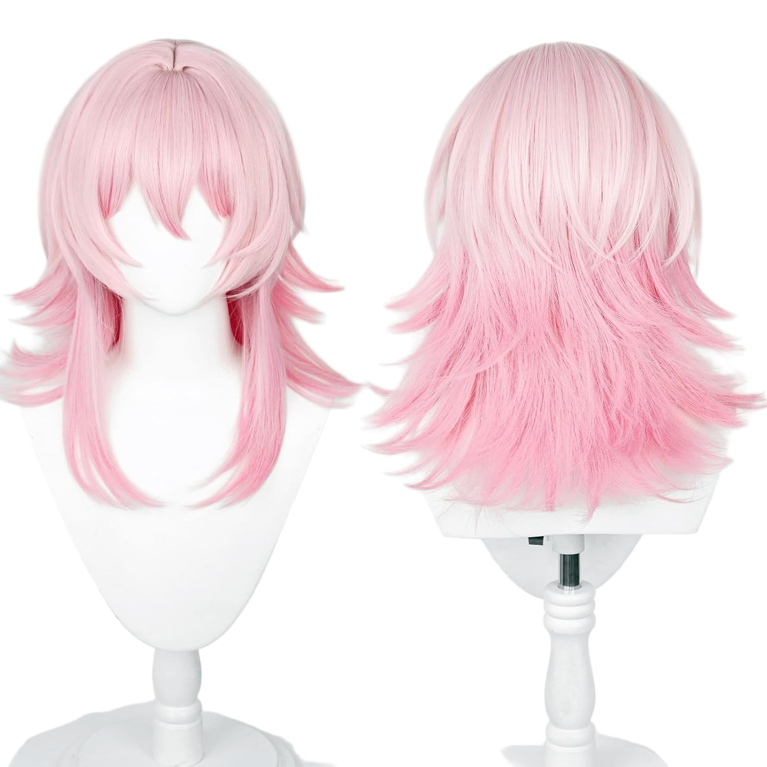Anime Light Pink wigs with Bangs Women Long Straight Hair Layered Haircut wig March 7th Game Cosplay Wig Halloween,Christmas,Comic con,Theme Party,Game Show