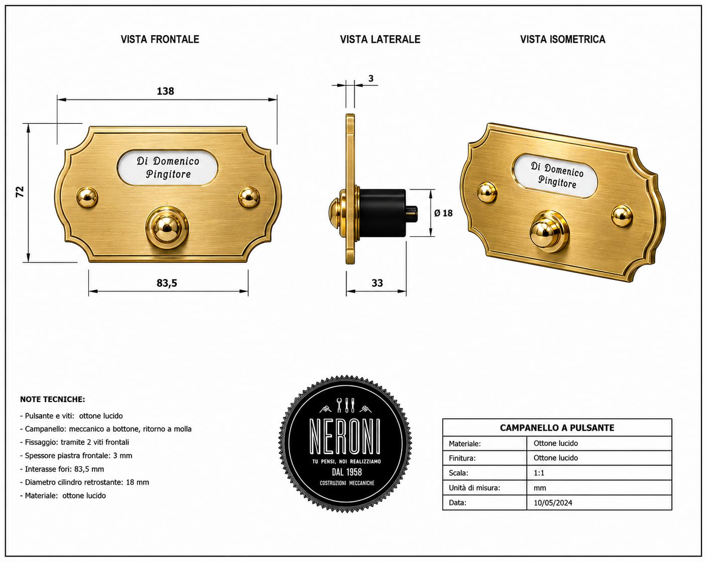 Neroni Mameli Placca Campanello in Ottone Satinato per Esterno abitazione - Porta Ingresso Casa, con Pulsante Elettrico - Modello Adriano - Made in Italy
