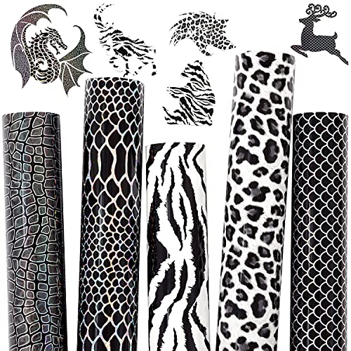 KINGSOW Pattern Heat Transfer Vinyl : 5 Pack 12x10 Inch Black and White Animal Print HTV Bundle Sheets Holographic Laser Scale Snake Leopard Zebra Iron on Vinyl for Cricut Cutter Machine