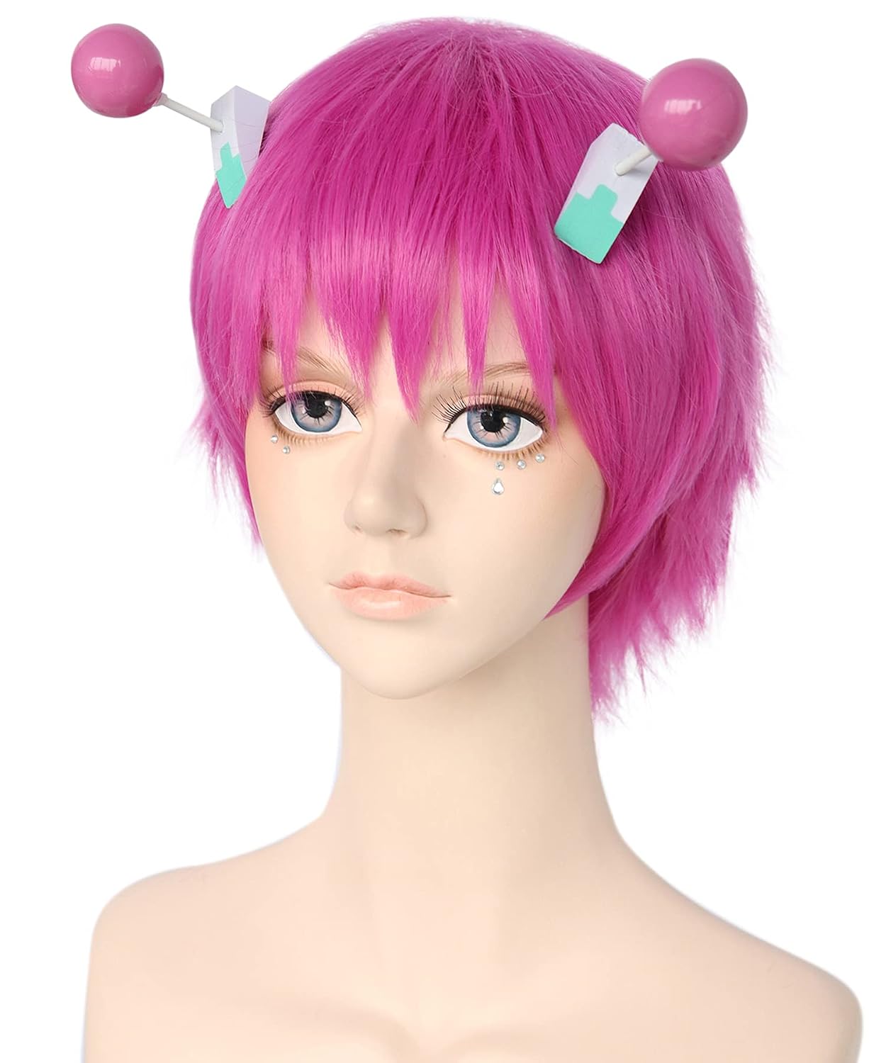 ANOGOL Hair Cap+ (2 Hairpins) Short Pink Wig with Hair Clips Men Purple-pink Wig with Pink Cosplay Accessories Wigs for Men Women Synthetic Hot Pink Hairs Wigs for Anime Halloween Costume Party