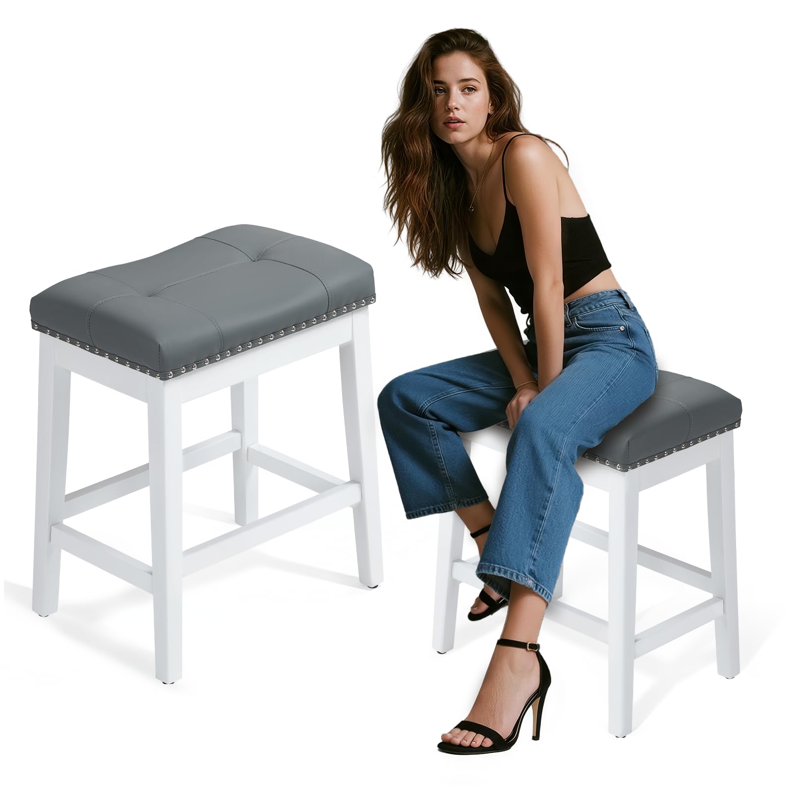Photo 1 of Athena Collection 25'' Bar Stools Set of 2, Counter Height Bar Stools with Footrest, Modern Leather Seat Upholstered Barstool Chairs for Kitchen Island, Bistro, Counter, Gray