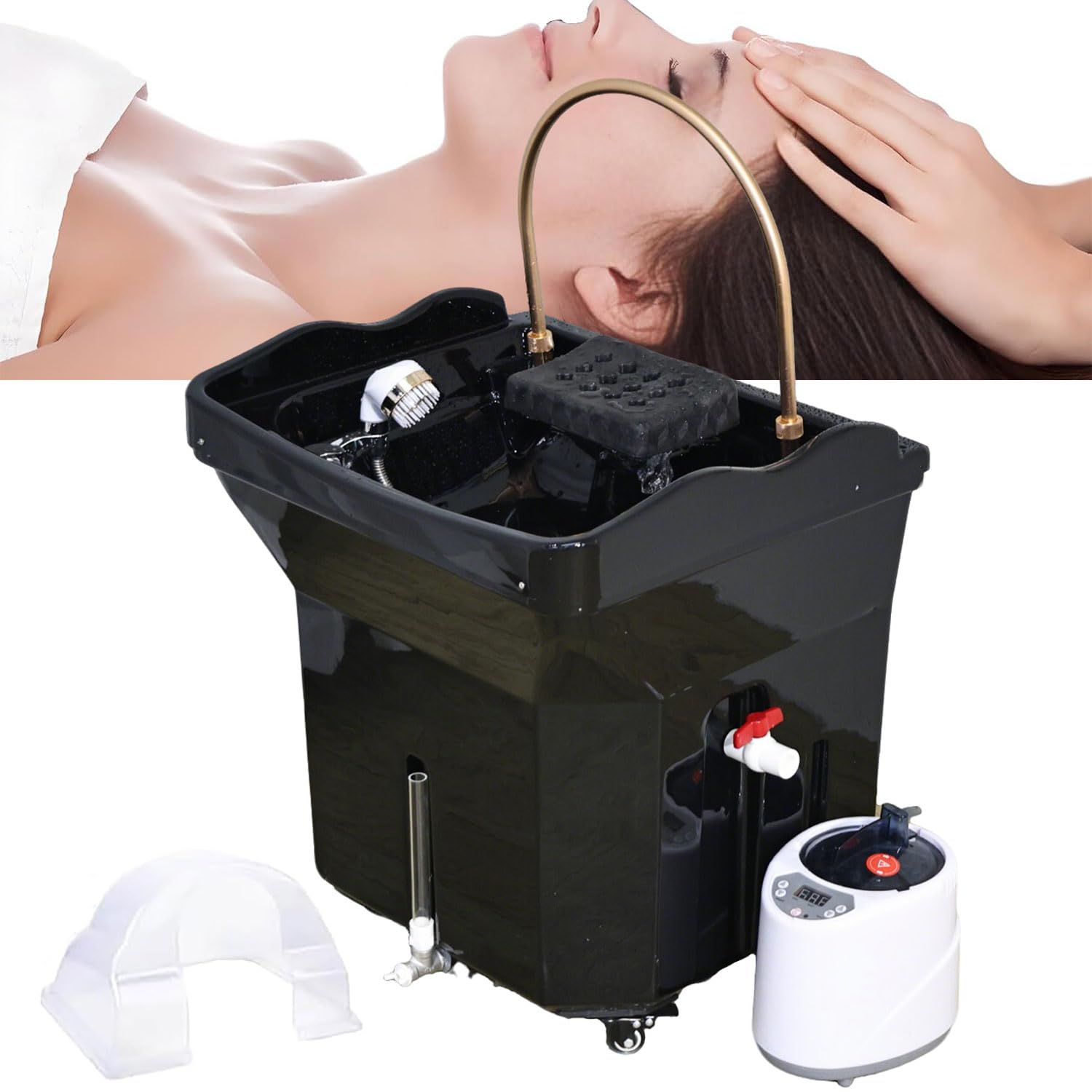 Lavacabezas Peluqueria con Tanque 60L, Lavacabezas Portatil para Casal con Ruedas, Lava Cabezas con Inhalador Vapor y Cubierta Vapor, Apto Para Spa Capilares y Salones de Peluquería, Negro