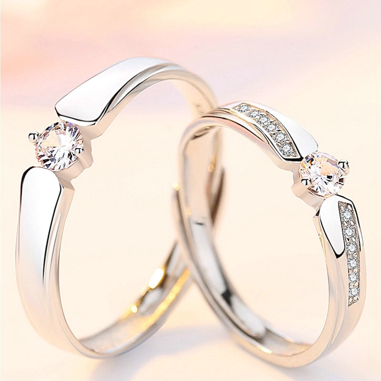 Coppia di anelli di promessa, anello di strass con design classico argento coppia anello regolabile regalo, Adjustable, Cristallo, Zirconia cubica