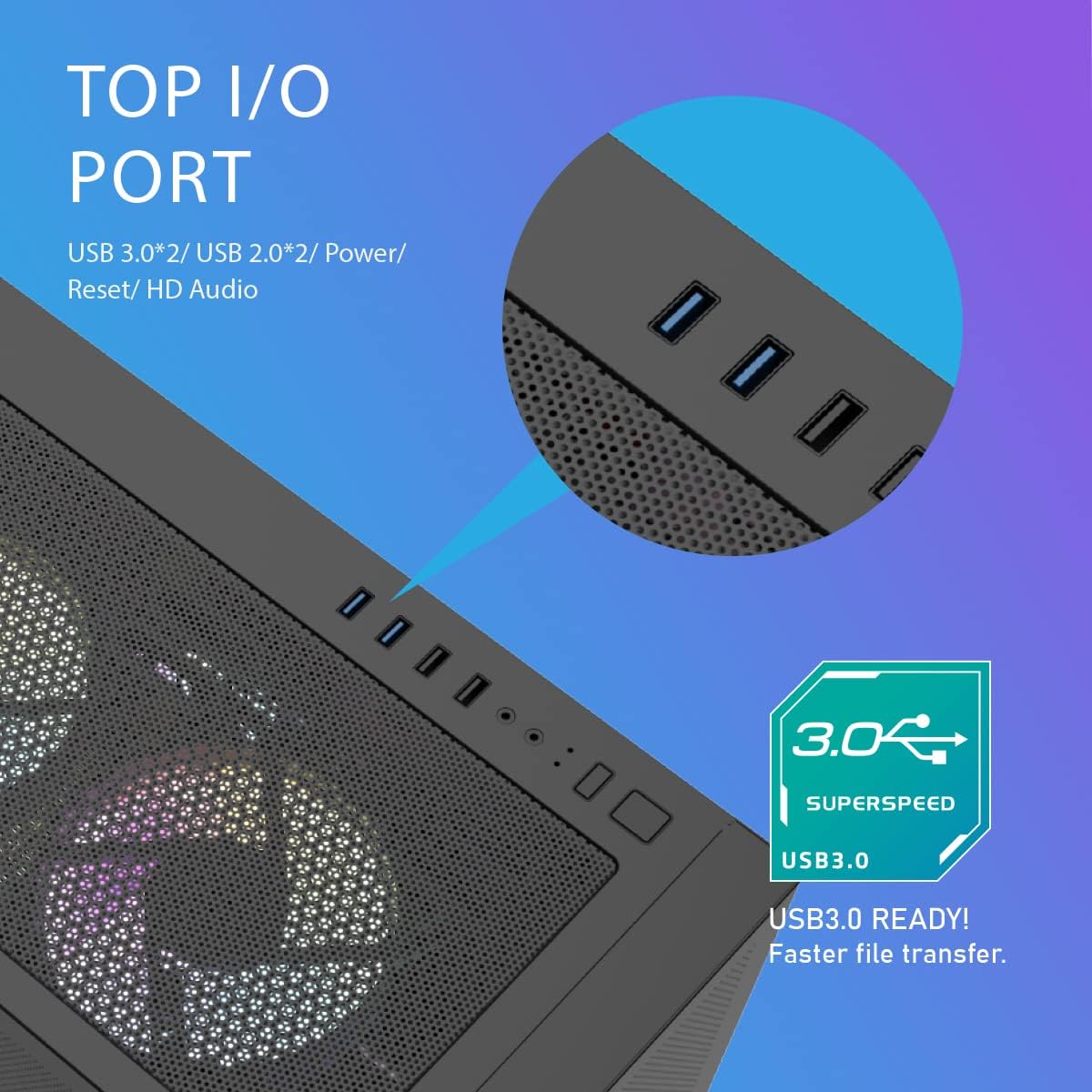 Gertutik view of the darkFlash DLC29 PC case's top I/O panel, highlighting USB 3.0, USB 2.0, and audio ports