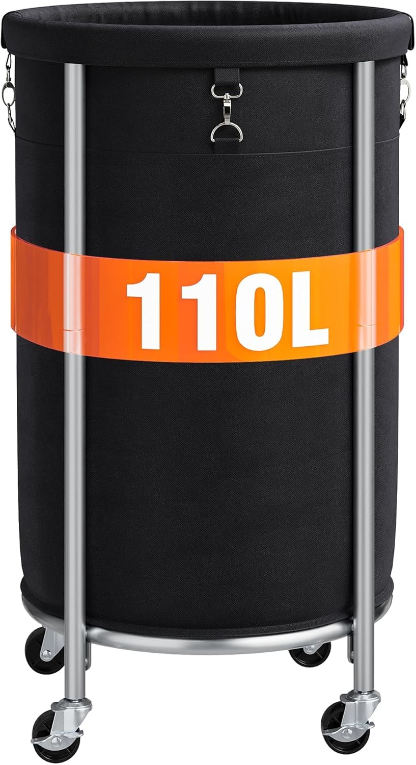 ELYKEN Cesto portabiancheria con ruote, 110 l, cesto portabiancheria rotondo con telaio in acciaio e borsa rimovibile, 4 ruote e 2 freni, cesto per vestiti sporchi per hotel, dormitorio, nero