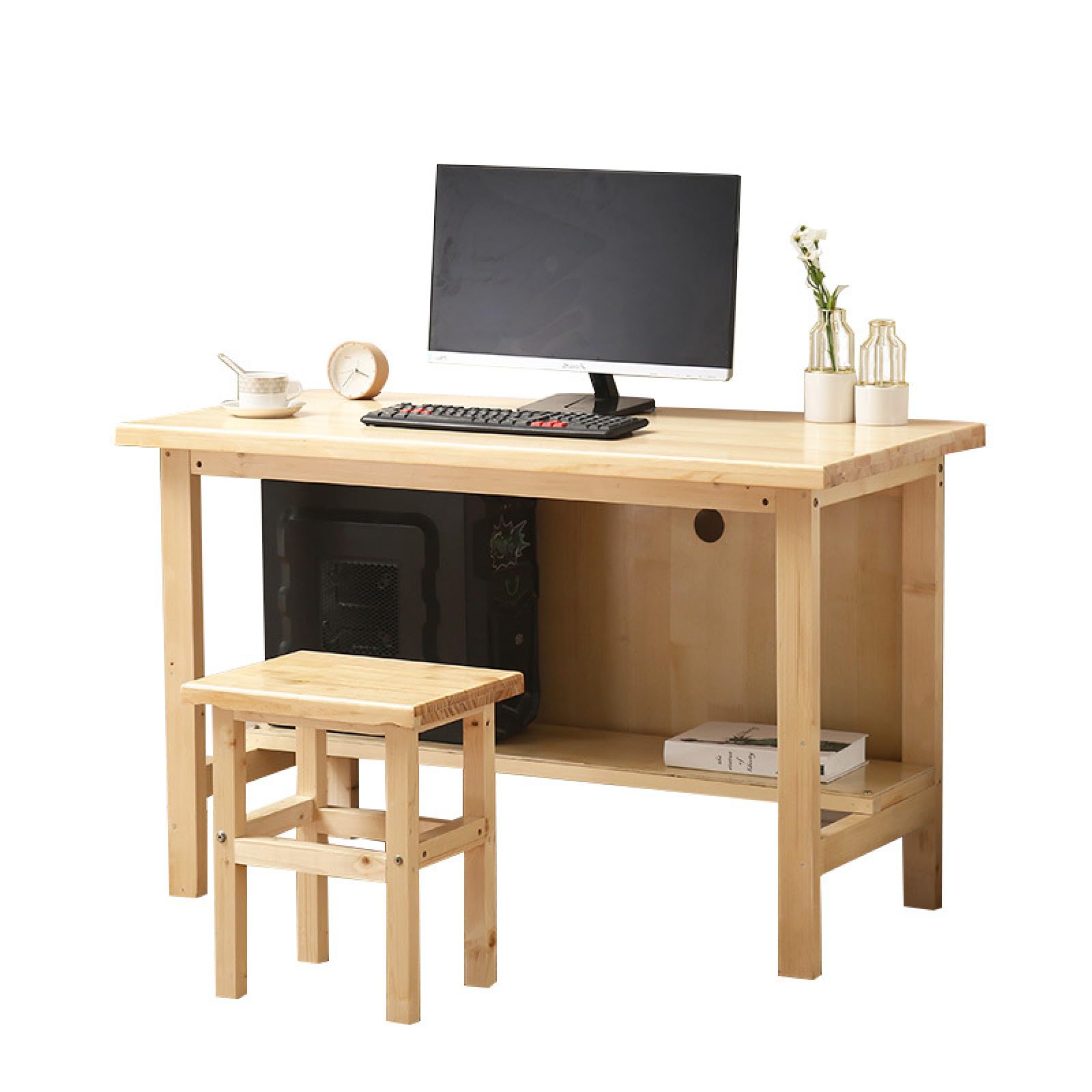 Bureau ordinateur avec étagère intégrée en bois massif 119cm