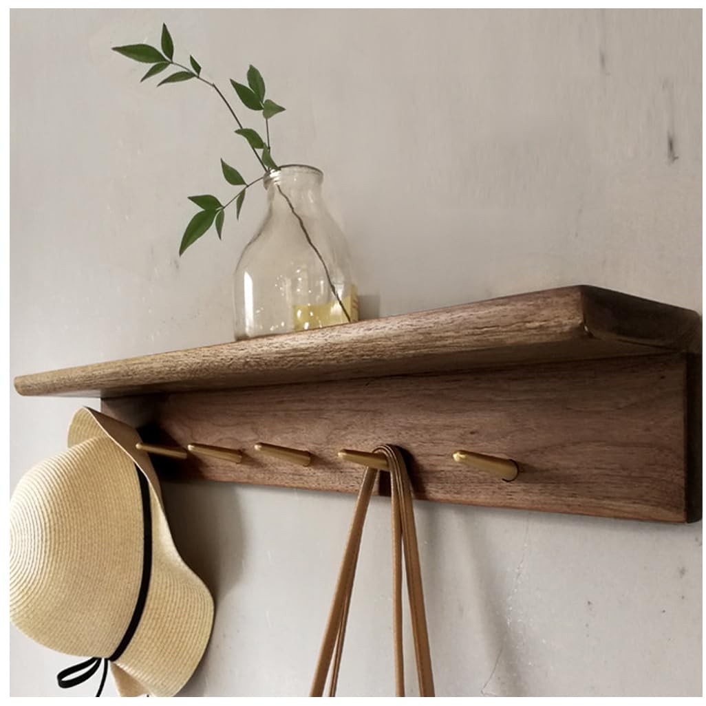 ZHOUXIAO Solid Wood Coat Rack with Shelf Wall Mount, Walnut Wood Coat Hooks Hanger 47cm