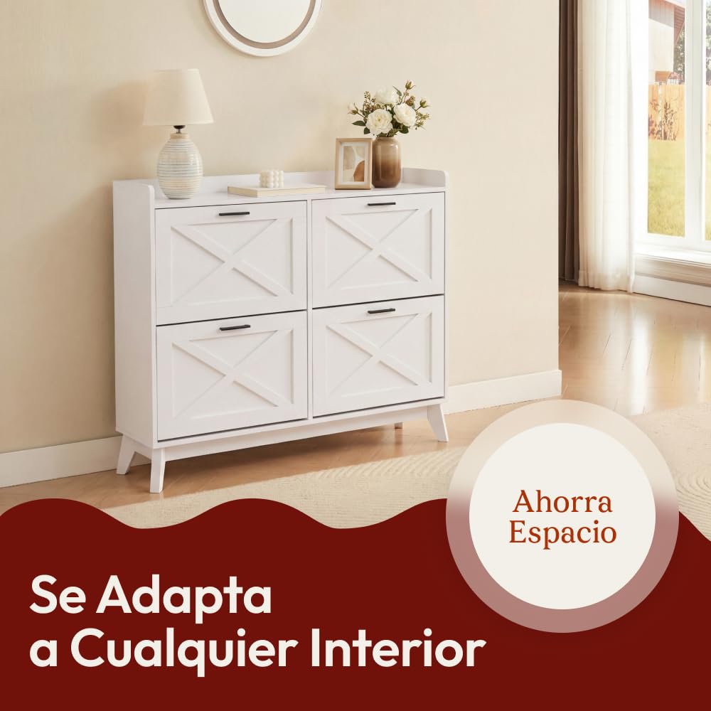 CASABEL Zapatero 4 Abatibles, Frentes con Motivo de Cruz, Blanco, Diseño Funcional, Gran Capacidad 24 Pares, Mueble de Almacenaje para Entrada, Pasillo o Salón, 114x24x96 cm