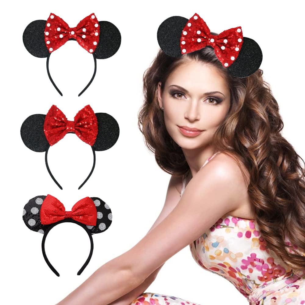 UrbunMouse Ears Bow Headbands,3 Pcs Sequin Glitter Party Princess Bow Headbands,Shiny Classic Bow Hair Band,Cosplay Costume,Suit for Adult and Women Girls