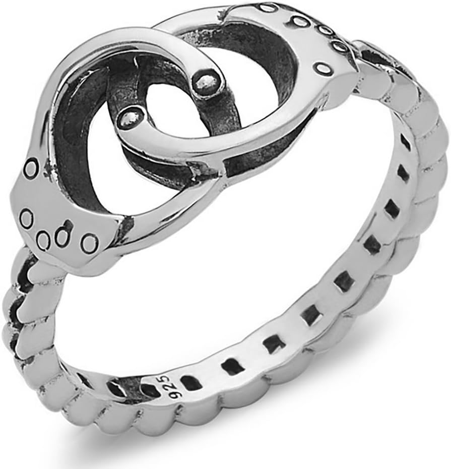 Silver Phantom Jewelry Handcuff Ring with Chain Band in 925 Sterling Silver (Size 4)