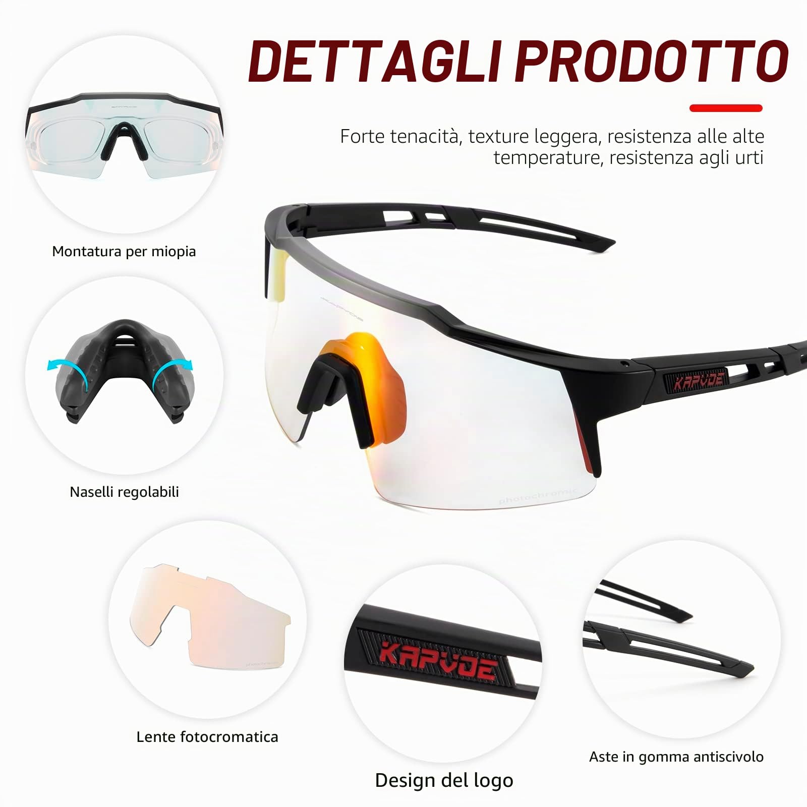 KAPVOE Occhiali da ciclismo fotocromatici UV400 uomo donna TR90 K9023 | Occhiali da ciclismo fotocromatici, UV400 Protezione, Struttura TR90 e supporto interno integrato