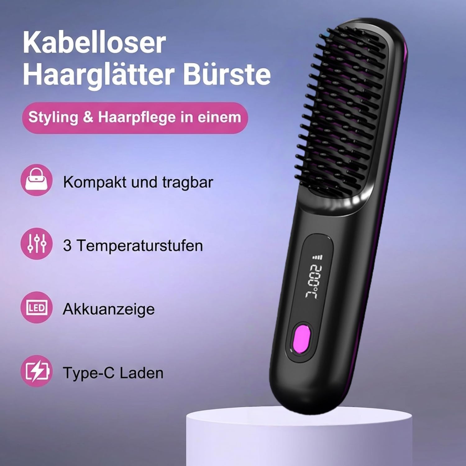Cefryna Styling Brush for Short Hair-Wiederaufladbarer kabelloser Glättungskamm mit 4000 mAh Kapazität Erzielen Sie jederzeit und überall makellose glatte, gewellte oder lockige Frisuren. (Weiß)