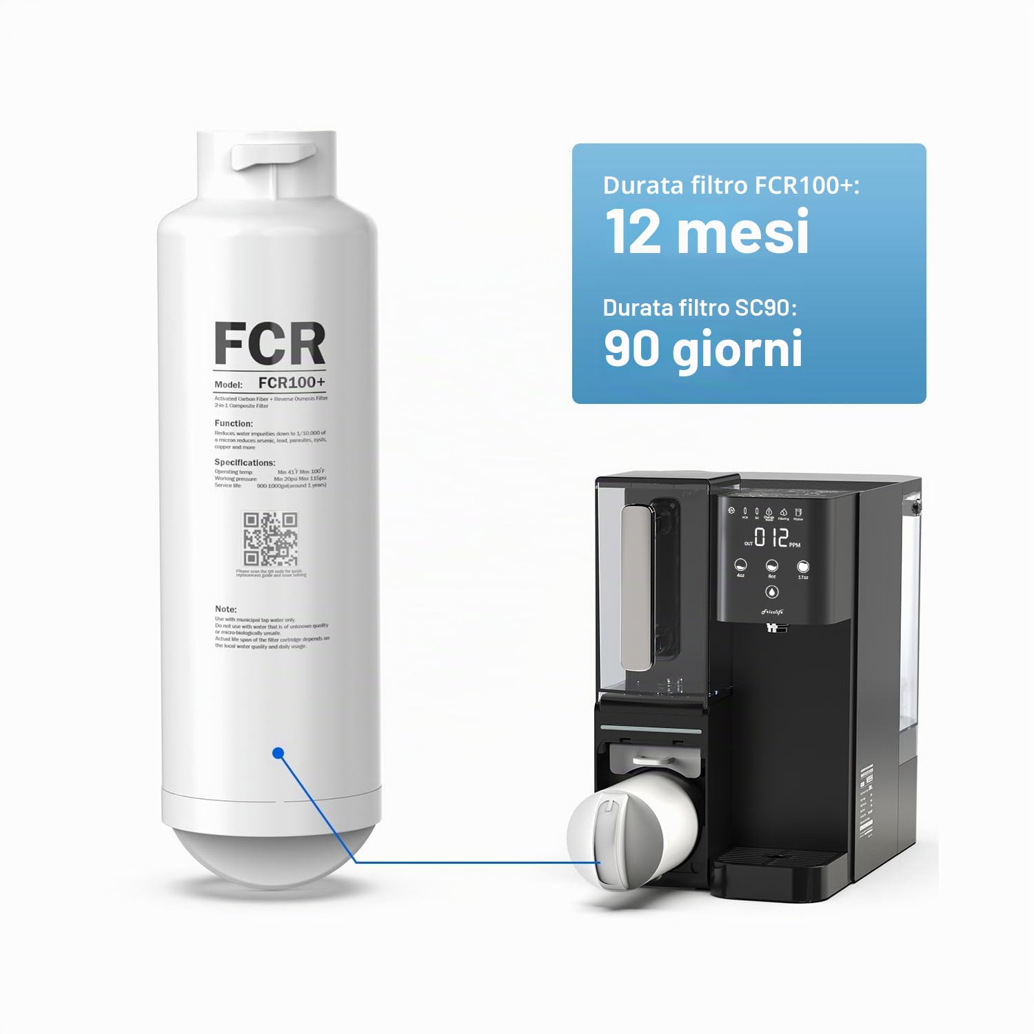 Frizzlife Cartuccia filtro a membrana RO di ricambio FCR100+ per sistema di filtraggio dell'acqua ad osmosi inversa da banco WB99-H