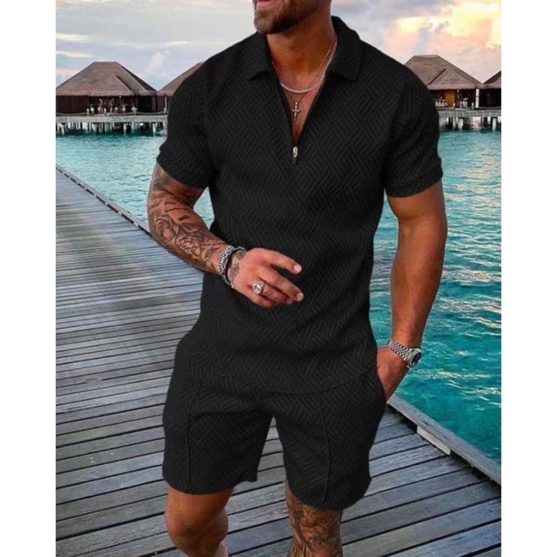 Conjunto de camiseta polo y pantalones cortos para hombre, 2 piezas, traje de verano con textura 3D, manga corta