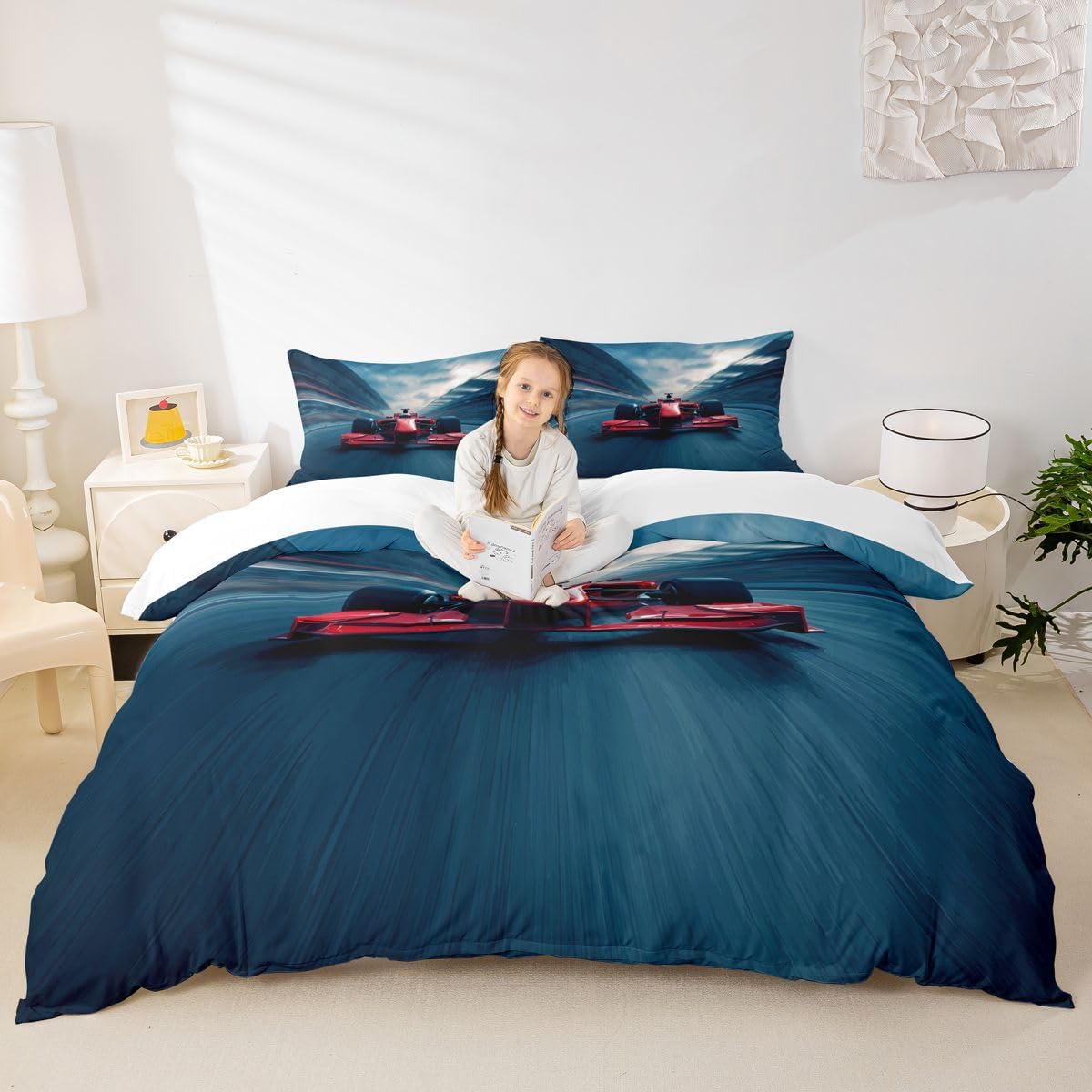 Feelyou Race Car Bedding Set Queen Size for Boys Kids Teens Men Speed Sports Car Quilt Cover Extreme Sports Theme Comforter Cover with 2 Pillowcases Automobile Soft Microfiber Zipper 3 Pcs Novely
