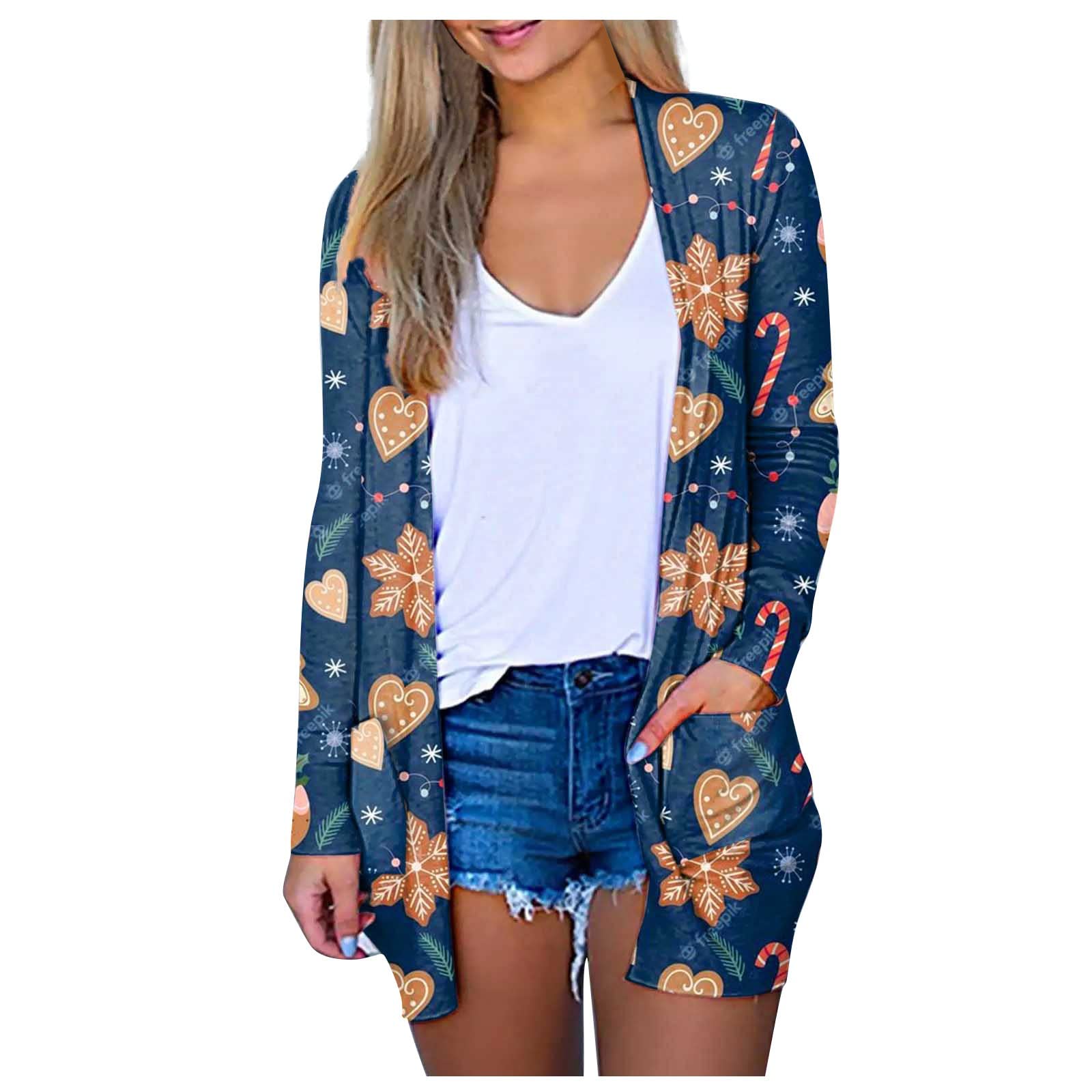 PETYCZEN Christmas Cardigan for Women Long Sleeve Open Front Lightweight Cardigan Ugly Christmas Sweaters Plus Size Coat Top