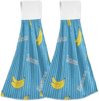 Yellow Banana Blue Background Kitchen Hanging Towels with Loop 2PCS Soft Super Absorbent Hand Tie Dish Drying Fingertip Towel for Bathroom Guestroom Laundry