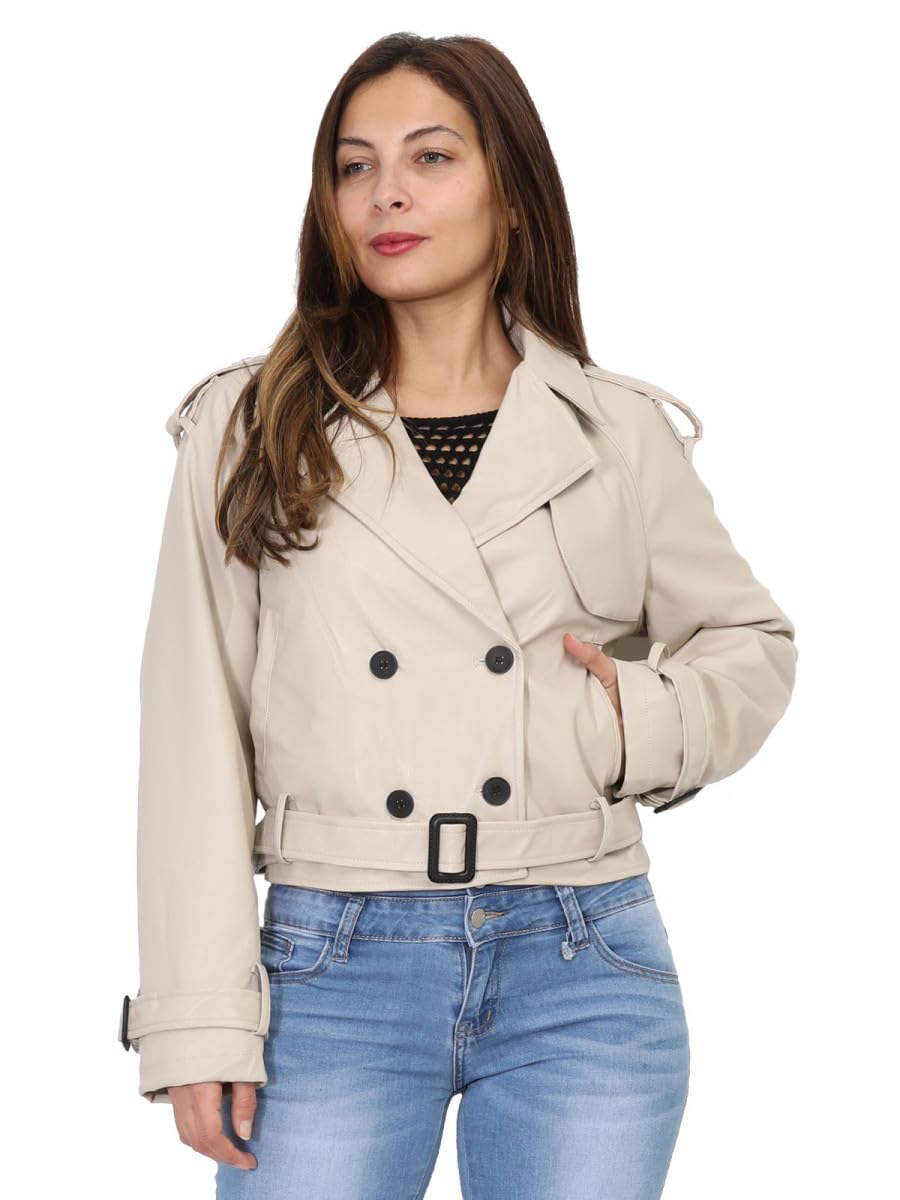 La Modeuse - Giacca stile trench in finta bavolet con cintura, beige, L