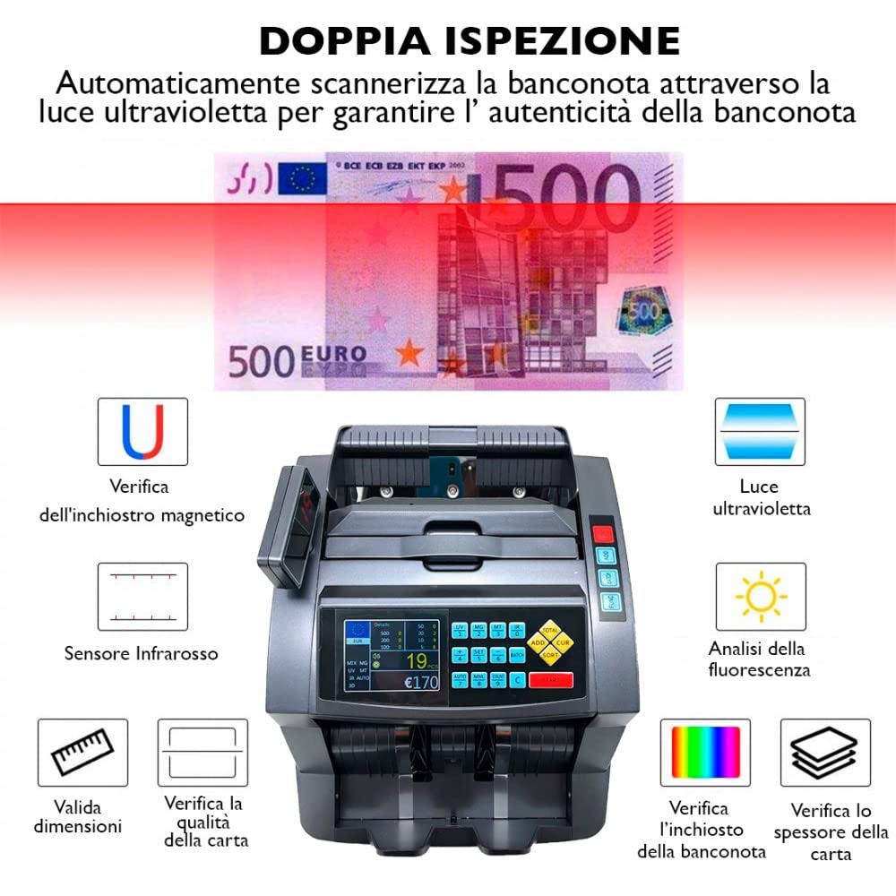 Mediawave Store - Macchina Conta Banconote Automatico, Multi Valuta, Rivelatore di Banconote False, Conteggio da 800 a 1200 Banconote al minuto, Conta Denaro con Display