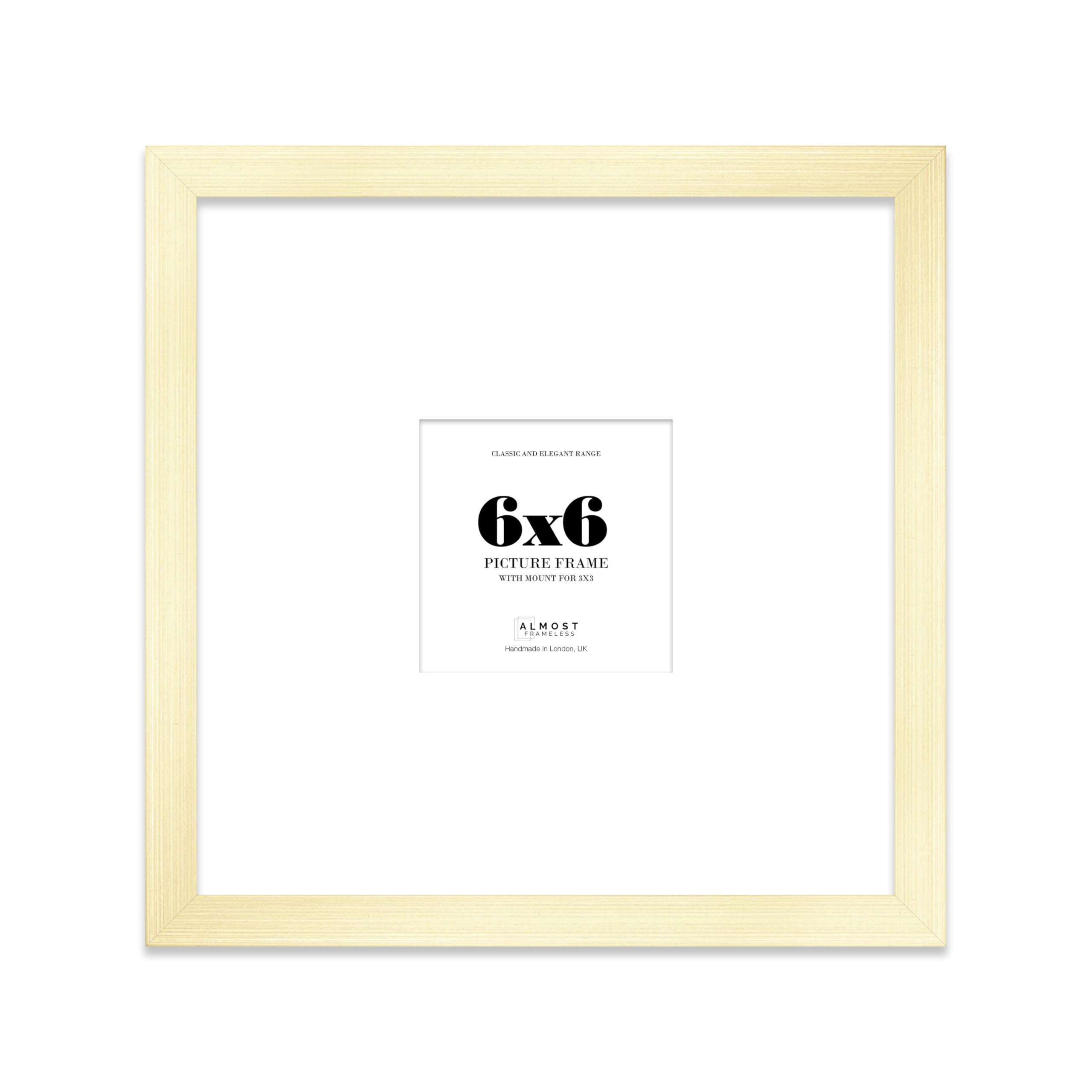 Almost Frameless 6x6 Square Picture Frame, Display Pictures 3x3 With Mat or 6x6 Without Mat, Wall Hanging & Free Standing Photo Frame, Gold, 1 Pack