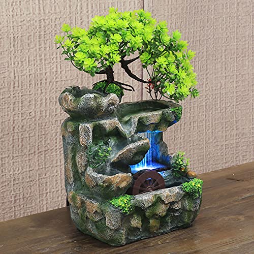 Zimmerbrunnen mit LED Beleuchtung, Grüne Pflanze Brunnen Springbrunnen Gartenbrunnen Deko Tischbrunnen mit Wasserfall, 18 * 15 * 30cm