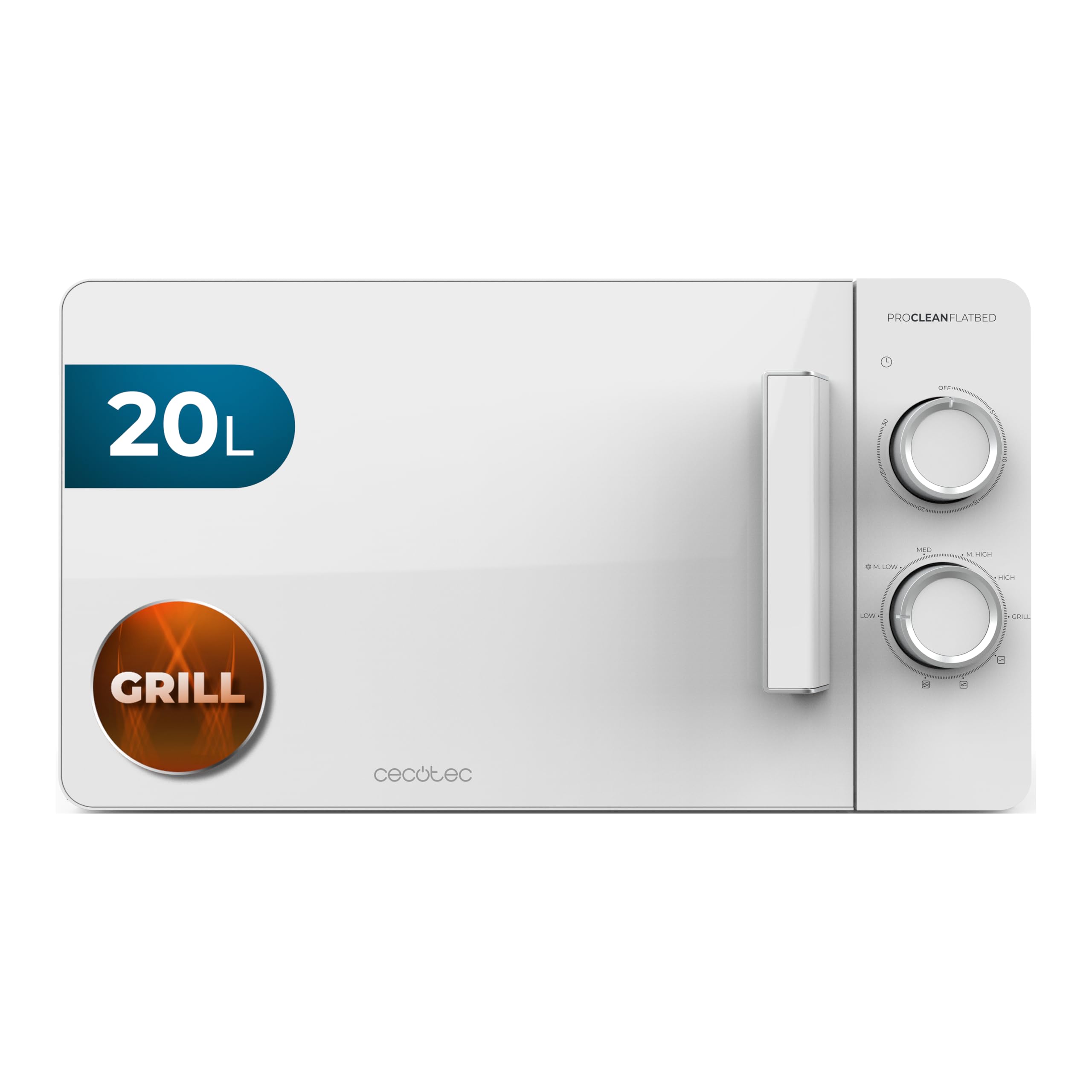 Cecotec Proclean 3120 Flatbed 20L Microwave 700W Power and Grill 800W, Compact Design, Ceramic Interior, Defrost Mode, 30 min Timer, 3Dwave Technology
