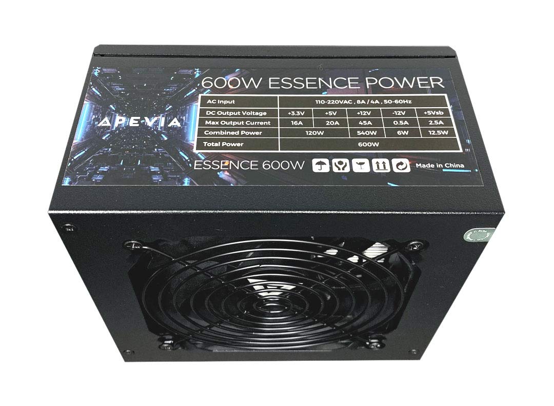 ATX-ES600W Essence 600W ATX Fuente de alimentación semimodular para juegos con ventilador negro de 4.724 in controlado térmicamente automático, interruptor de 115/230 V, todas las protecciones 5