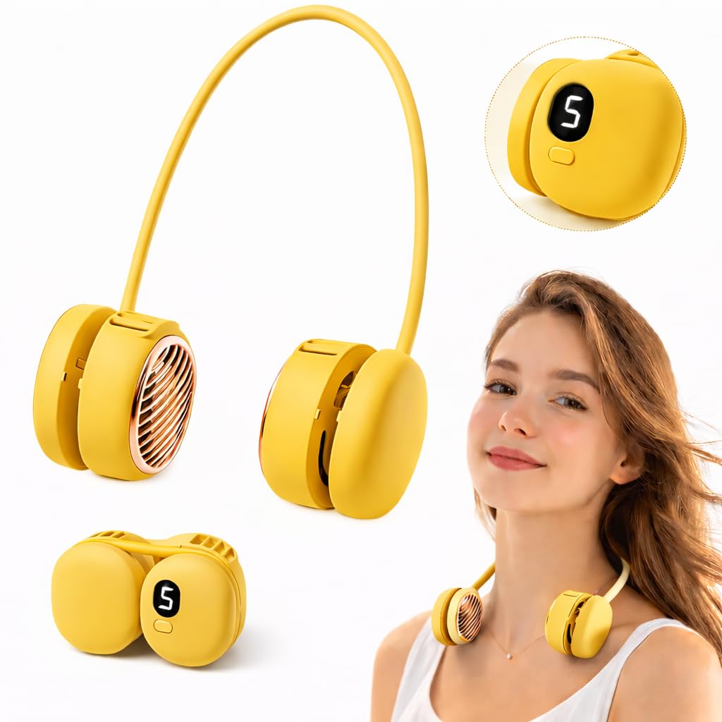 Foluu Rechargeable Neck Fan with 5 Speeds & Digital Display - Portable Hands-Free Personal Fan with 120 Blades Turbine, 360° Flexible Silicone, Ultra-Quiet 40dB - for Travel, Sports, Office (Yellow)