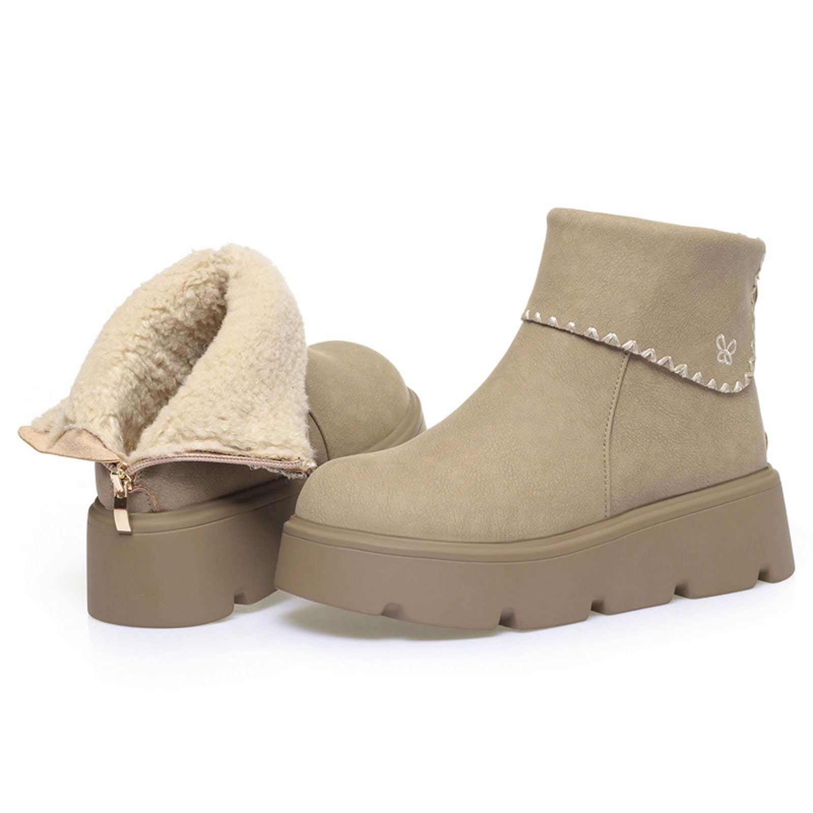 Faux Suede Ankle Boots for Womens Platform Warm Pull-On Back Zipper Snow Booties Fashion Hand Sewing Fur Lined