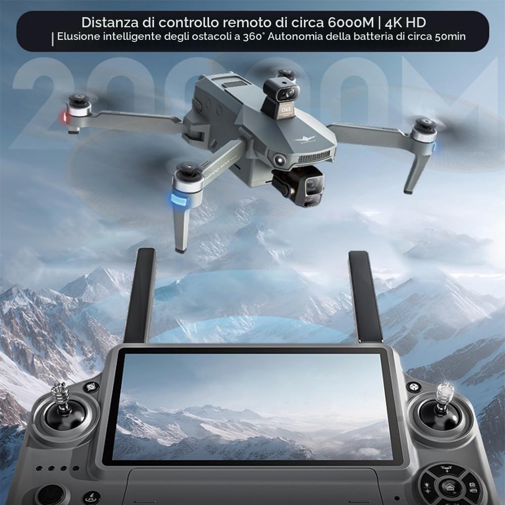 Drone con fotocamera 4K per Adulti, KF100MAX, Prevenzione Ostacoli a 360°, Stabilizzazione Gimbal a 3 Assi, Trasmissione Video a 6 km, Quadricottero Brushless Intelligente, 3 Batterie