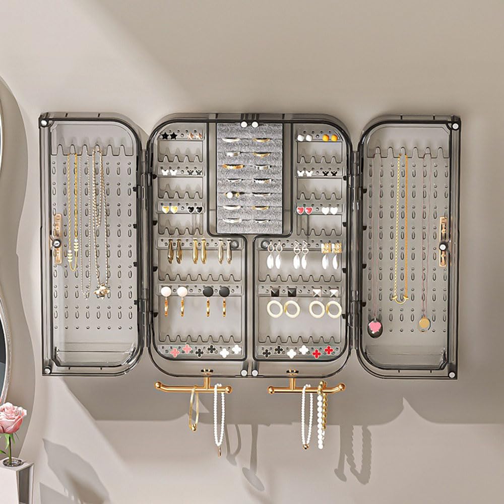 Wall Mounted Jewelry Cabinet, Plastic Jewelry Storage Cabinet with Door for Women Girls, Hanging Jewelry Organizer, Large Capacity Jewellery Storage Box Bin for Necklace/Earring/Ring/Bracelet (Grey)