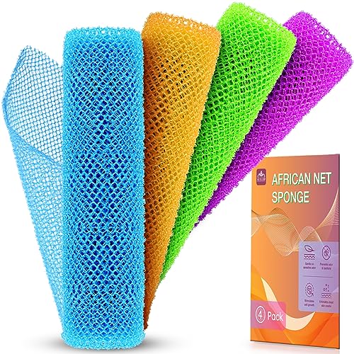 4 Pieces African Net Sponge African Exfoliating Net African Net Long Net Bath Sponge Exfoliating Shower Body Scrubber Back Scrubber Skin Smoother,Great for Daily Use (Pink, Green, Yellow, Blue)