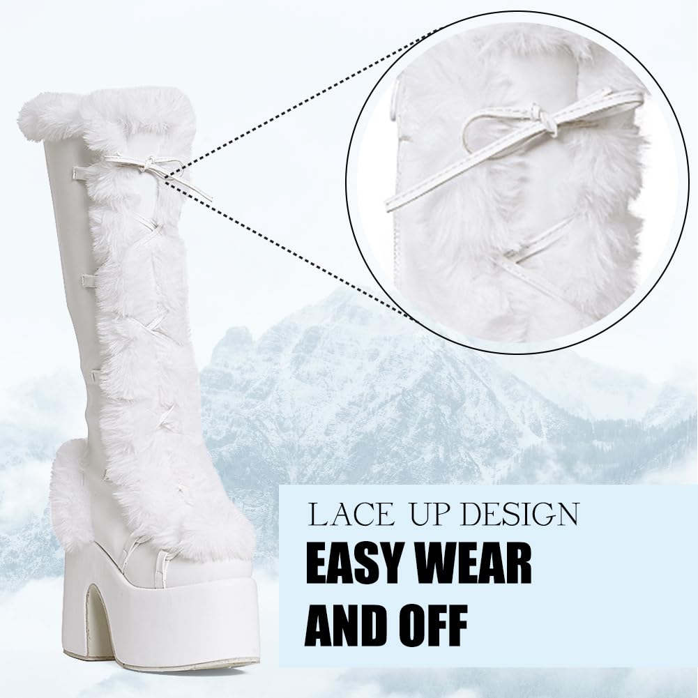 CELNEPHO Knee High Boots For Womens Side Zipper Warm Faux Fur Platform Chunky Heel Punk Goth Walking Winter Snow Boots: 7 A-white