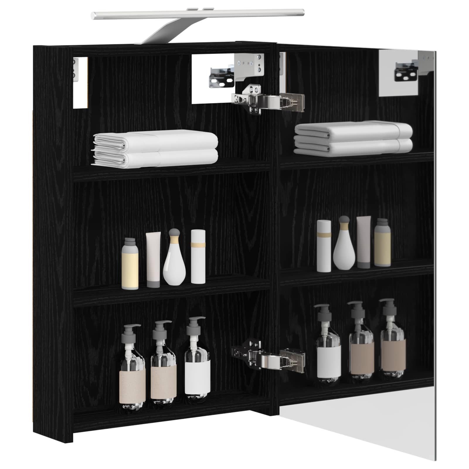 Mangloder Armadietto da bagno a specchio con mensola e anta, effetto rovere nero, 40 x 10,5 x 60,5 cm, con striscia LED, porta USB, montaggio a parete