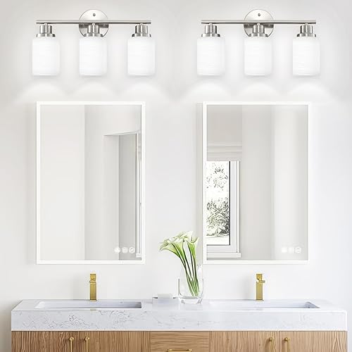 Miniatura 4 de Lámparas de baño de 3 luces, luces de tocador para espejo con pantalla de vidrio blanco lechoso texturizado, lámpara de pared moderna para cocina,