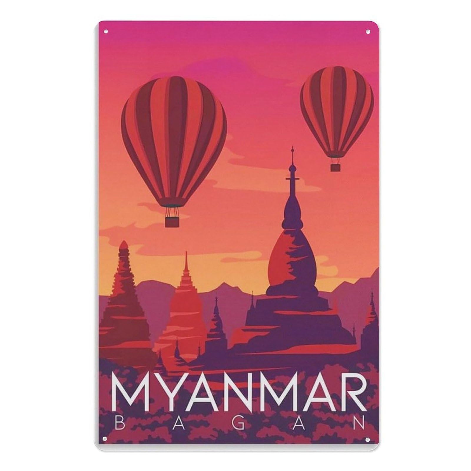 Artwork Metal Tin Poster For Home Gate Garden Bars Home Wall Sign，Myanmar Bagan20x30cm(8x12 inch) AA-207