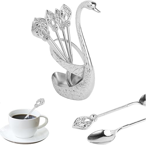 Juego de cucharas de café de 4.8 pulgadas con soporte, cuchara de cisne y tenedor, cucharas doradas duraderas, estación de café, organizador de