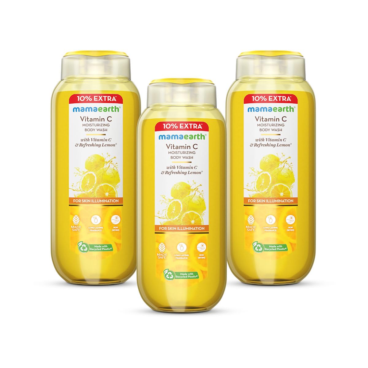 Mamaearth Vitamin C Moisturizing Body Wash with Vitamin C & Refreshing Lemon Scent for Skin Illumination- 275ml | Deeply Cleanses | Intensely Moisturizes | Long-Lasting Fragrance | Radiant Glow | All Skin Types (Pack of 3)