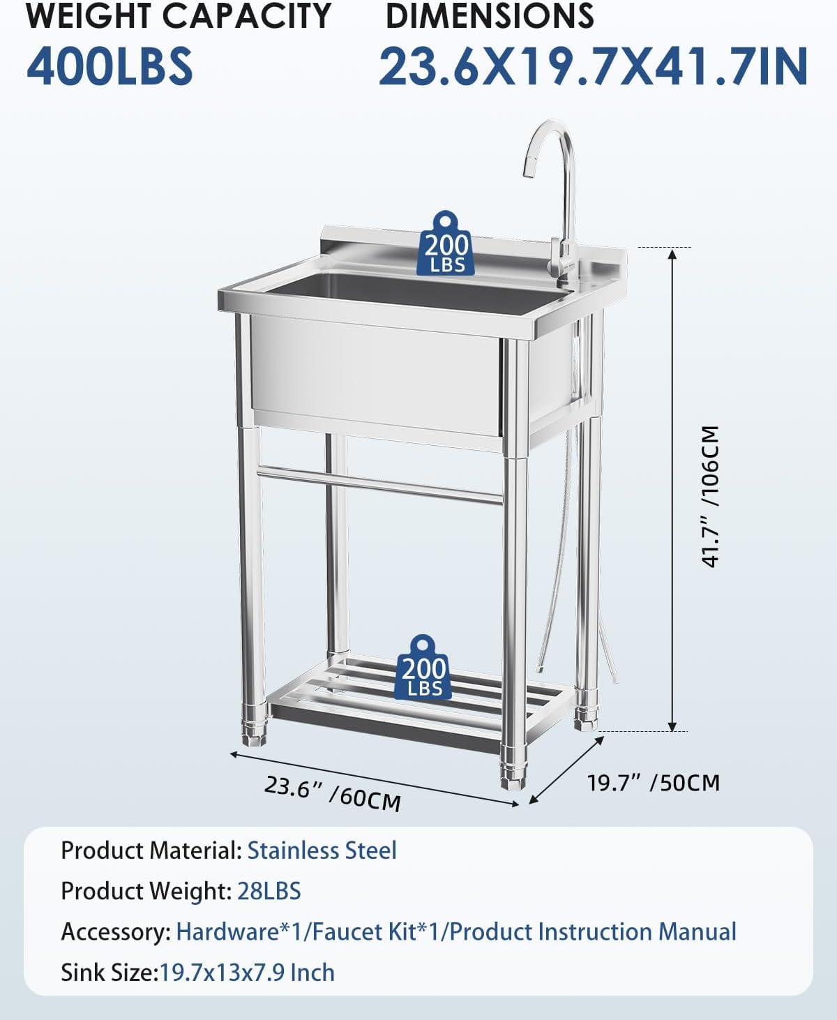 YODOLLA freistehend Edelstahl Spültisch mit Wasserhahn, Ablauf & Ablage | Einzelbecken mobiler Gewerbeküchenspüle, multifunktionale Küchenspüle für Outdoorküche, Waschtisch, Restaurant, Garage