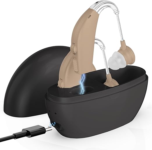 Pair Rechargeable Digital Hearing Aids Amplifier BTE Sound Amplifier Device with Noise Reduction Fit for Adults and Seniors, All-Day Battery Life, Lightweight Behind The Ear, Skin