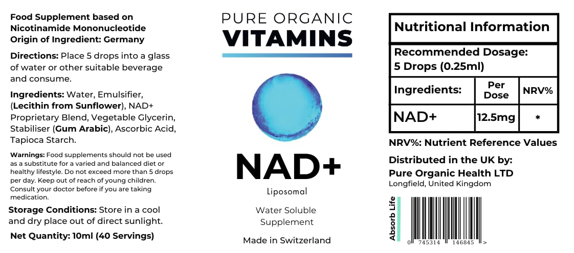 Complément NAD+ liposomal - Absorption améliorée de 50% prouvée - Système de diffusion cellulaire breveté - Approvisionnement pour 40 jours - Stimulateur NAD+ Gouttes liquides - Fabriqué en Suisse