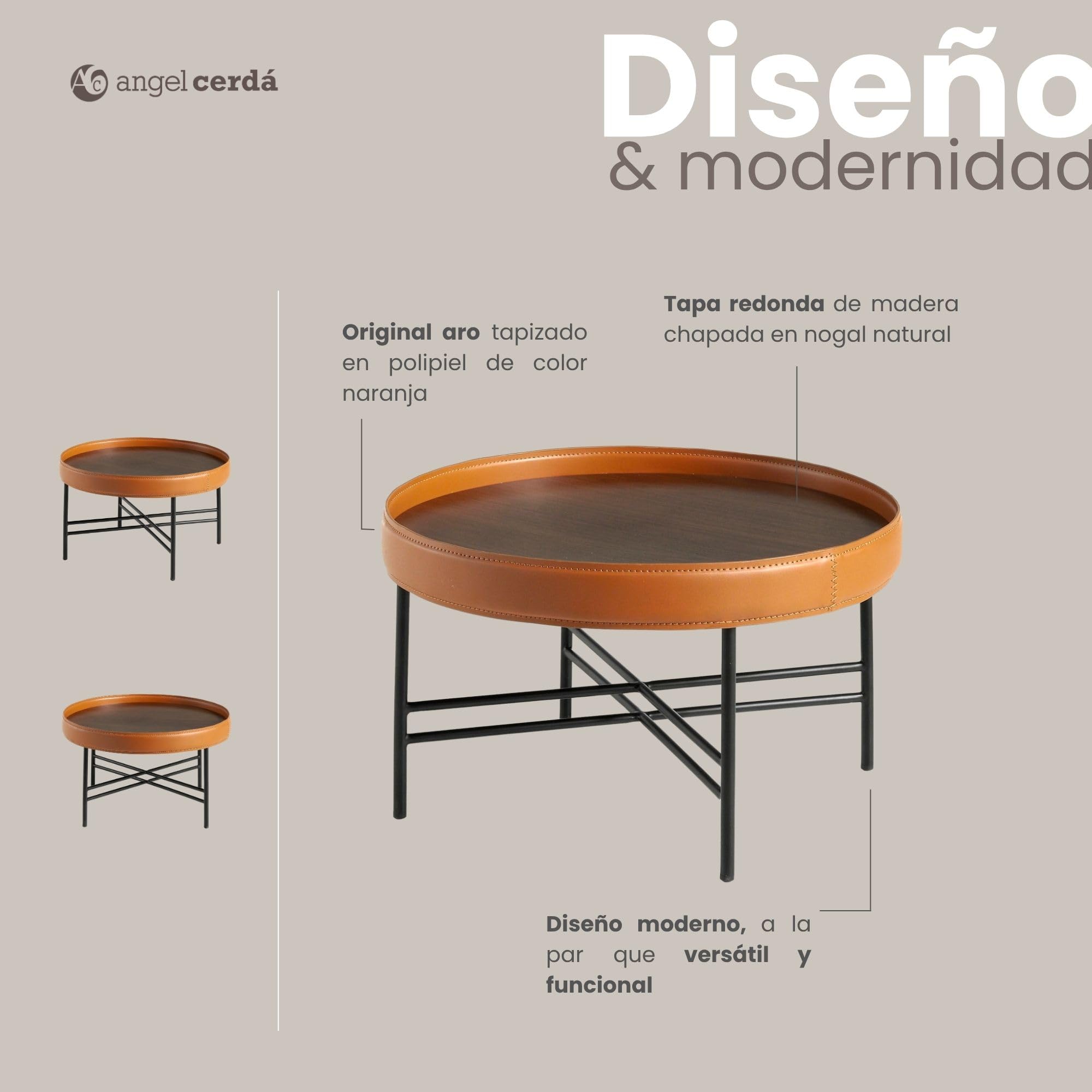 Angel Cerdá – Mesa Centro Diseño Tapa de Piel Vacuno Coñac y Madera de Nogal Natural | Mesa de Centro Redonda Contemporánea, Elegante | Patas de Acero Oscurecido | Ideal para Salón | Ø62 x 35 cm