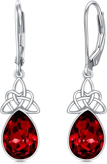 VONALA Celtic Knot Earrings 925 Sterling Silver Birthstone Leverback Earrings Crystal Drop Earrings Celtic Jewellery Gift for Women Girls