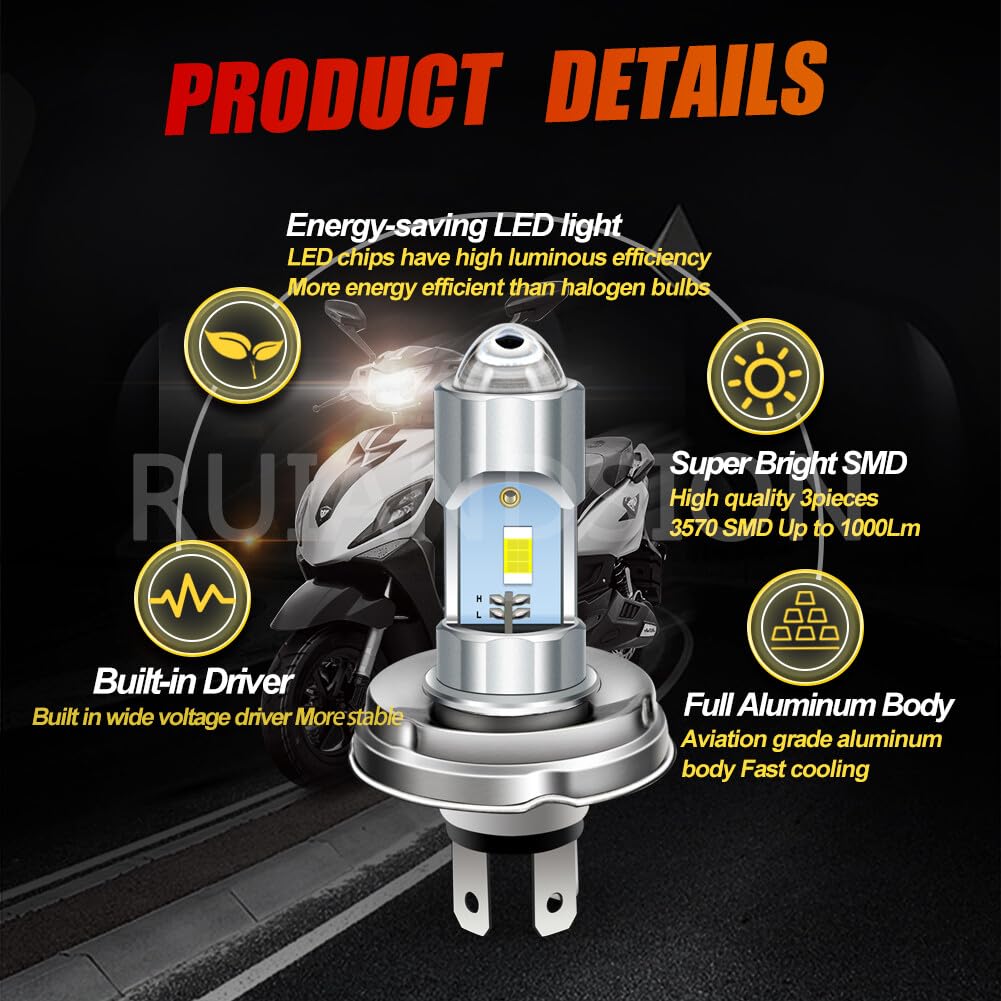 Ruiandsion P45T H5 R2 LED Lampadina Moto Non Polarità Plug and Play DC 12V 24V 10V-80V Super Luminosa Bianca Luce Alta/Bassa Sostitutiva per Moto Scooter Luci Diurne (Confezione da 2)