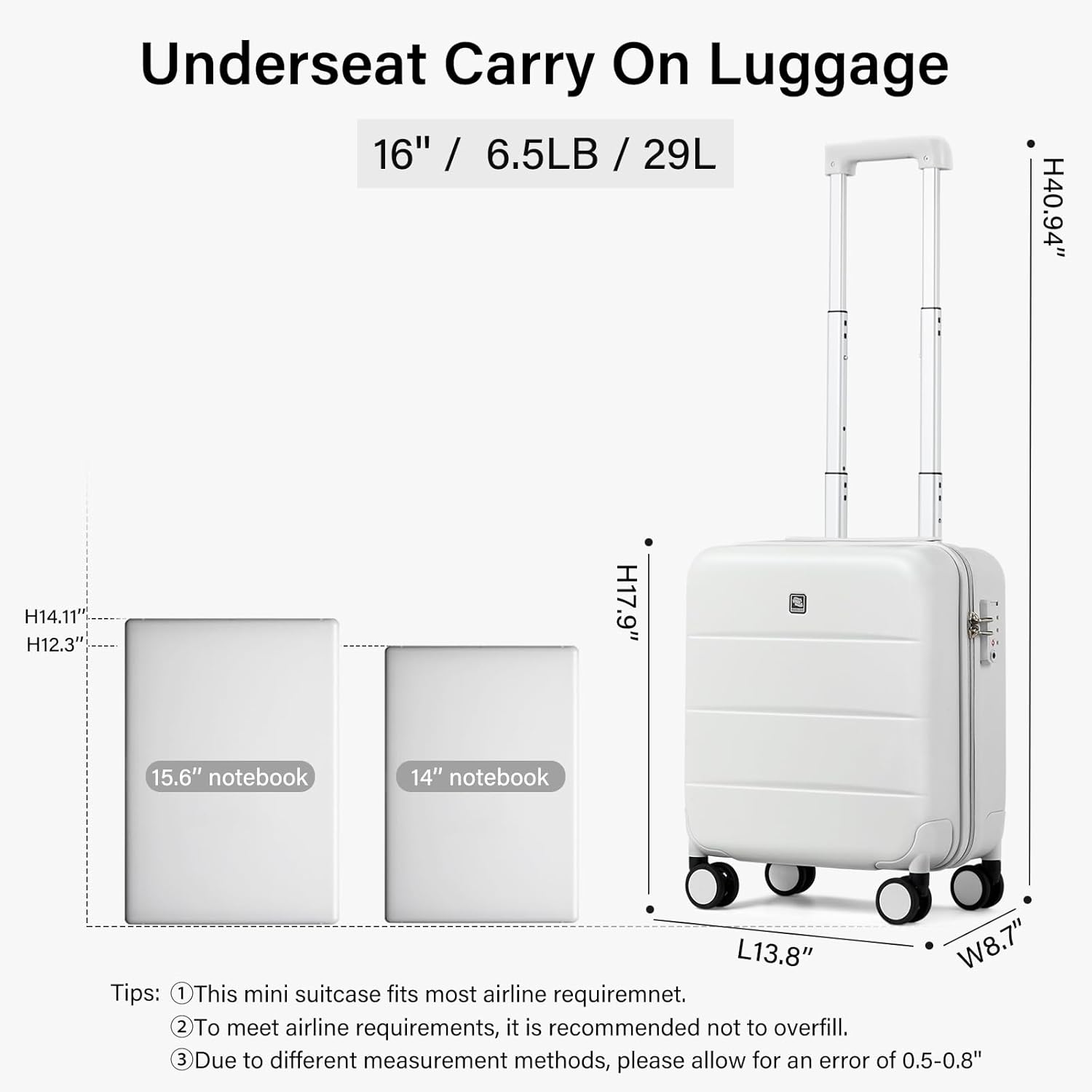 Hanke 16 Inch Underseat Carry On Luggage with Spinner Wheels Hard Shell Suitcases Mini Small Carry On Bag for Airline Approved TSA Luggage Lightweight Travel Suit Case(Smoke White) - Image 3