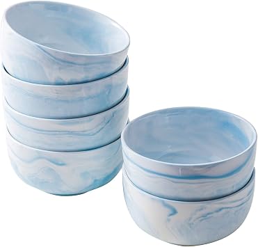 Yundu 14 Ounce Blue Marble Porcelain Bowls Ice Cream, Dessert, Cereal Bowls, Microwave and Dishwasher Safe, Set of 6